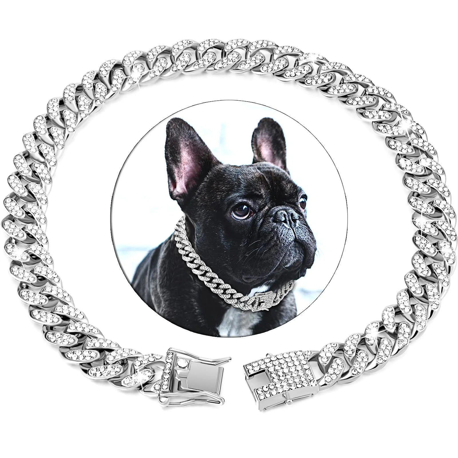 un-bulldog-noir-au-centre-et-autour-un-collier-argent-en-présentation