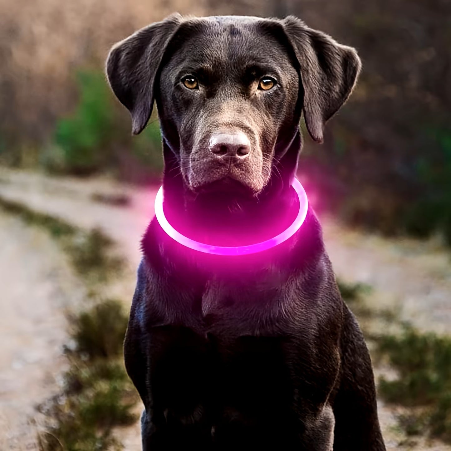 un-labrador-brun-portant-un-collier-lumineux-rose