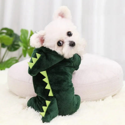 deguisement chien halloween dinosaure capuchon petit chien blanc
