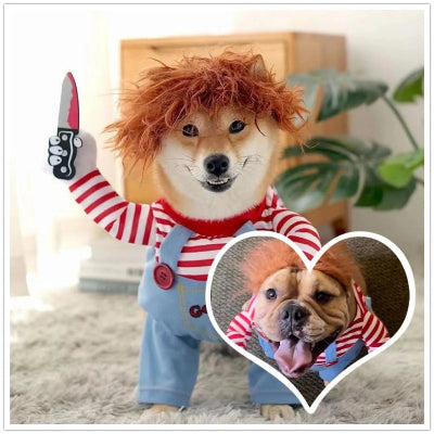 deguisement chien halloween poupee chucky avec son couteau