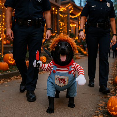 deguisement chien halloween poupee chucky suivi par policier