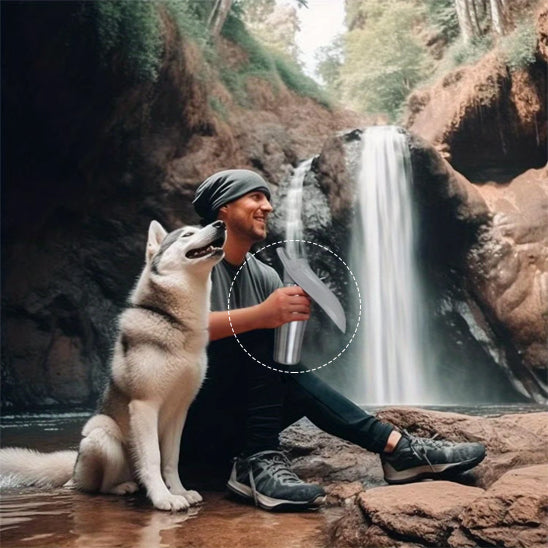 un-maitre-et-son-chien-assis-sur-des-rochers-au-pied-d'une-chute-et-le-maitre-tiens-une-gourde-d'eau-pour-son-chien