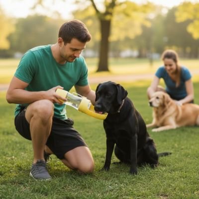 gourde pour chien maitres et leur labrador au part