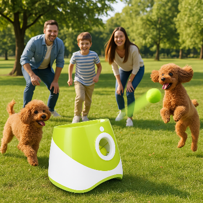 lanceur de balle pour chien automatique au parc en famille caniches miniature jouent