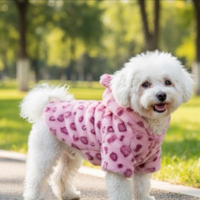 Manteau Chien rose peluche petit chien blanc dehors