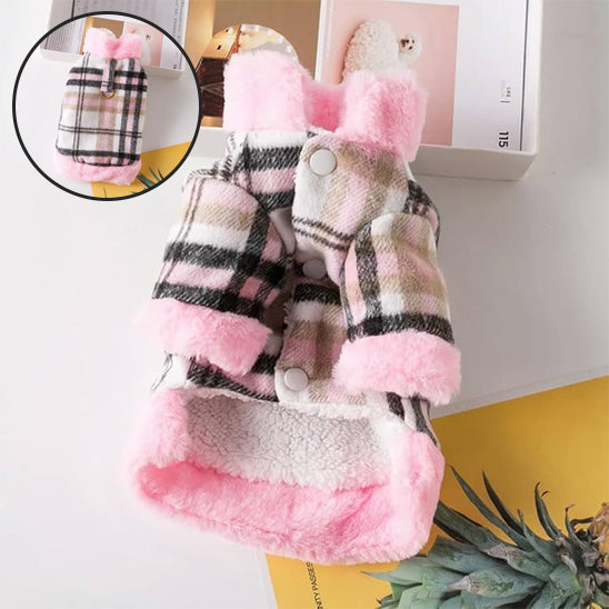 manteau pour chien a carreaux fausse fourrure rose autour pattes et collet