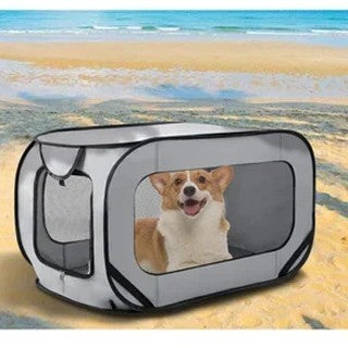 un-chien-dans-une-niche-transportable-grise-sur-une-plage