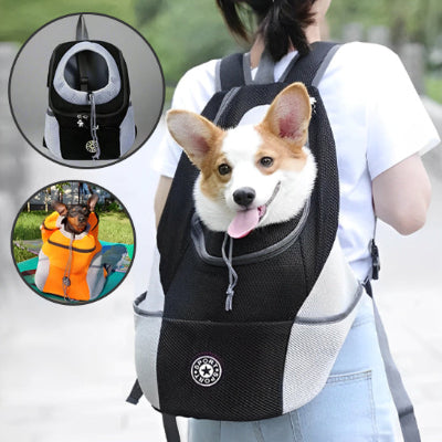une-fille-qui-porte-un-sac-Ă -dos-noir-avec-un-chien-corgi-et-deux-photos-en-mortaise-montrant-le-sac-sans-chien-et-l'autre-montrant-un-chien-pinscher-dans-un-sac-de-transport-orange