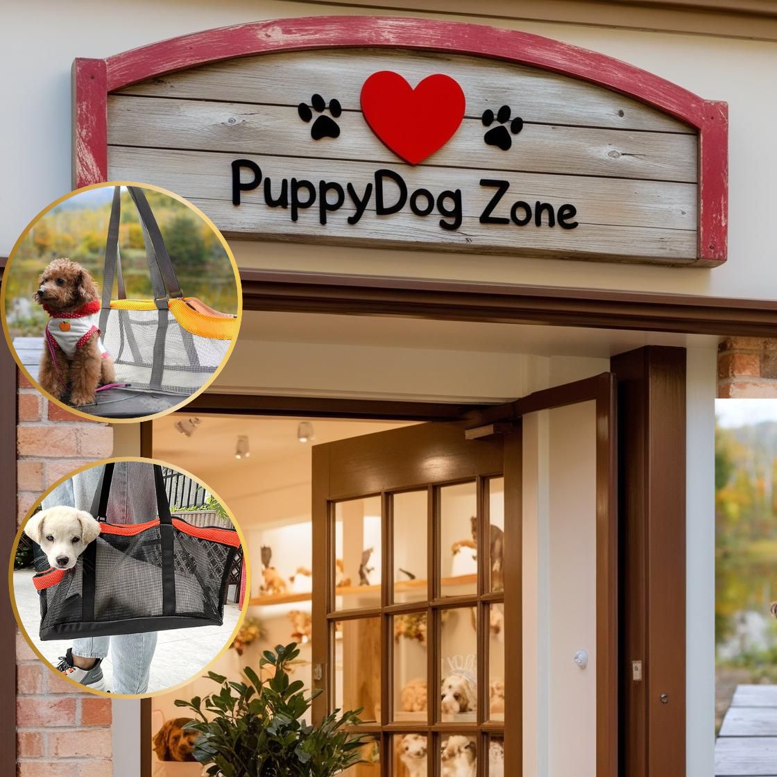 devant-d'une-boutique-pour-chien-portant-le-nom-de-puppydogzone-sur-l'enseigne-au-dessu-de-la-porte-et-des-photos-en-mortaise-avec-chien-dans-un-sac-de-transport