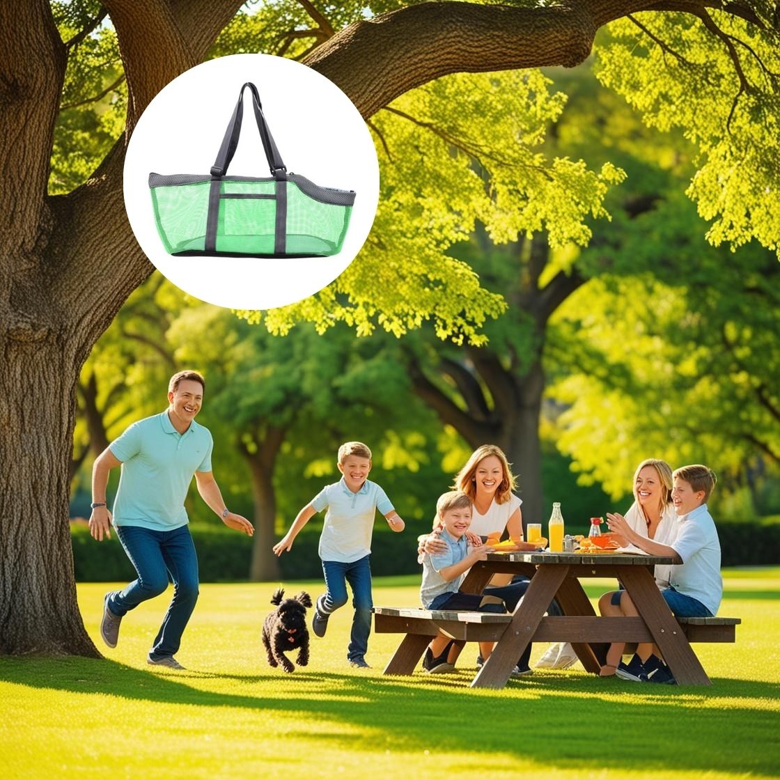 une-famille-dans-un-parc-font-un-pic-nic-et-leur-chien-court-prĂšs-de-la-table-une-image-en-mortaise-montrant-un-sac-de-transport-vert