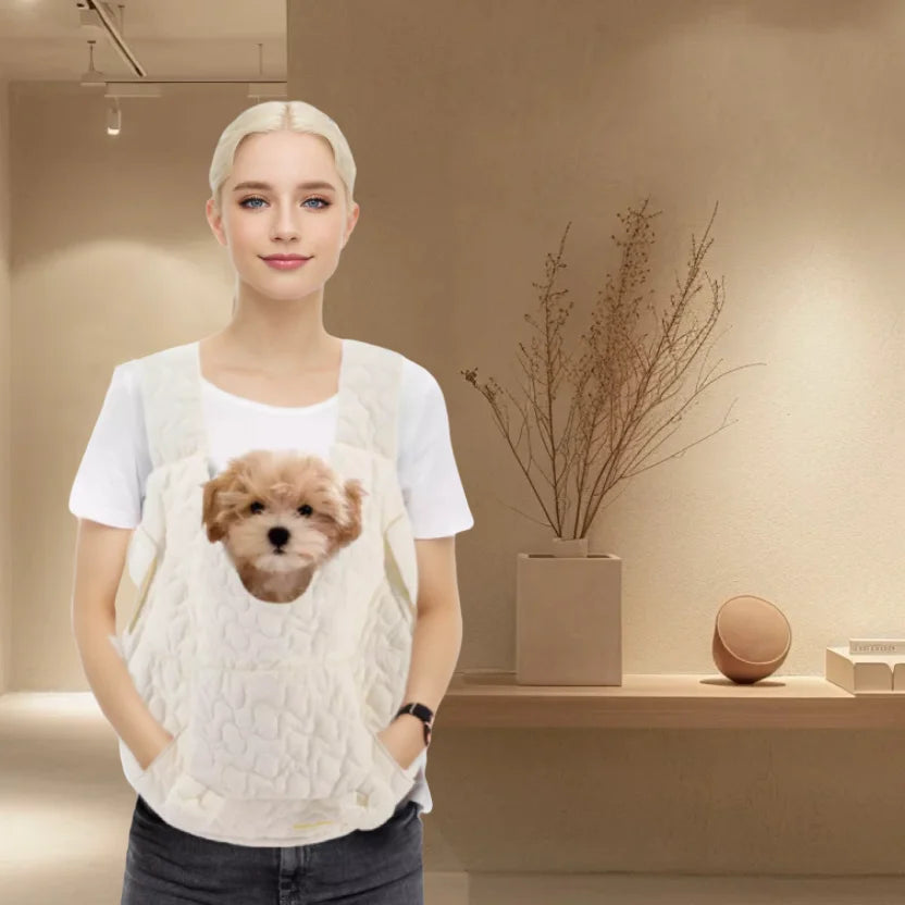 une-femme-à-l'intérieur-qui-porte-son-chien-devant-elle-dans-un-sac-de-transport-pour-chien-de-couleur-blanc