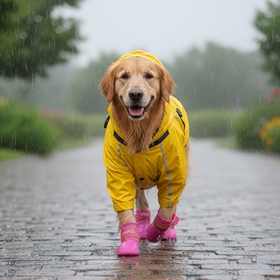 Chien Golden Retriver avec ses bottes de pluie rose et son manteau imperméable