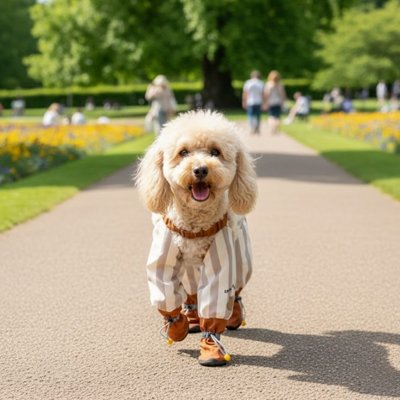 Chien caniche avec les pattes protégées de la surface chaude par des bottes pantalon 