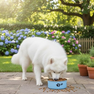 Chien blanc mange dans une gamelle chien 