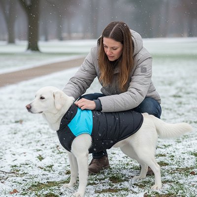 Chien dans un parc avec son manteau pour chien