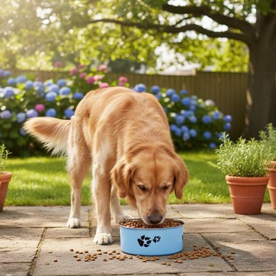 Chien dehors mange dans gamelle chien bleue 