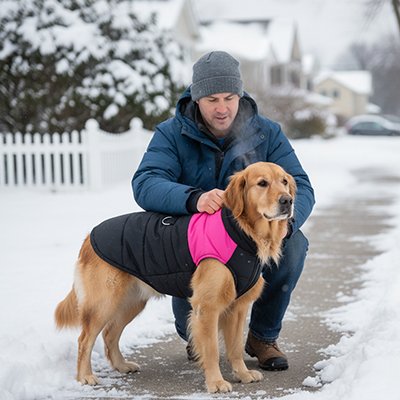 Chien Golden Retriever porte un manteau noir et rose