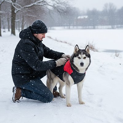 Chien Husky dehors portant un manteau pour chien