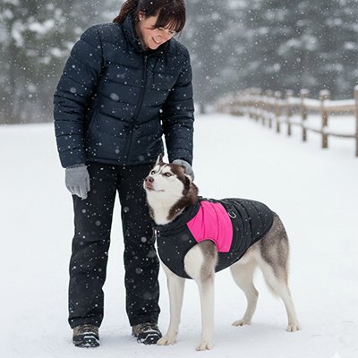 Chien Husky et son maitre dehors avec un manteau pour chien
