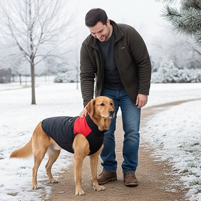 Chien labrador à l'extérieur avec son manteau pour chien 