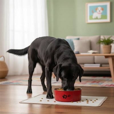 Chien Labrador mange dans une gamelle chien rouge