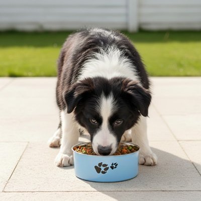Chien mange ses croquettes dans un gamelle chien 