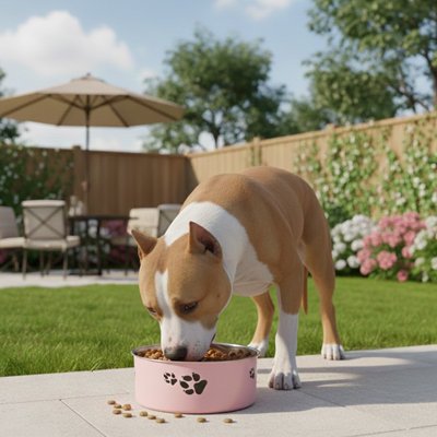 Chien moyen mange dans sa gamelle chien dehors