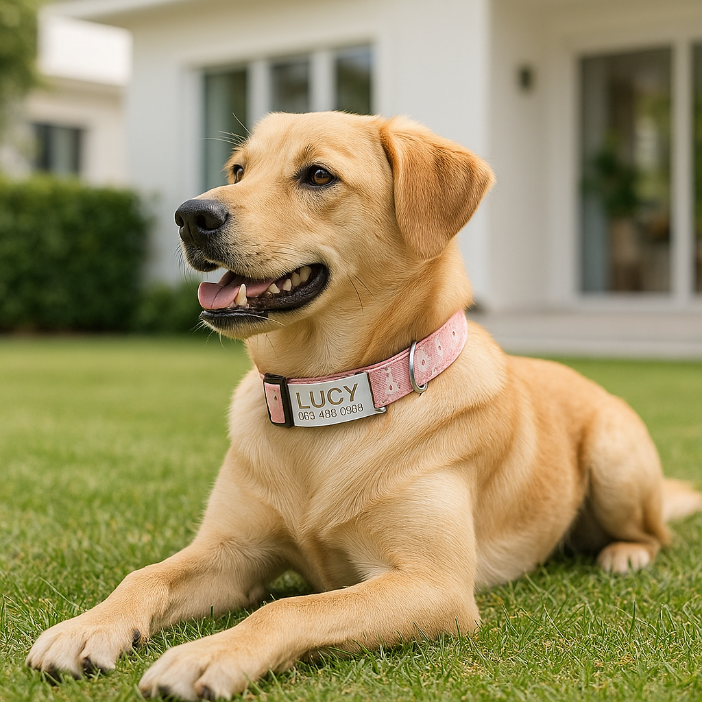 Chien Labrador blond avec un collier personnalisé à son nom et numéro de téléphone