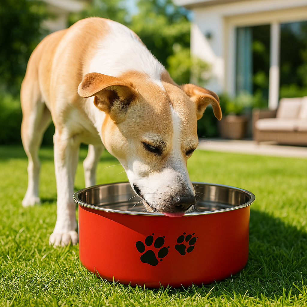 Chien moyenne taille boit de l'eau dans une gamelle pour chien rouge