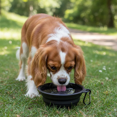 Chien moyen qui boit dans sa gamelle en silicone noire à l'extérieur