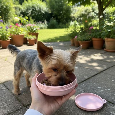Chien Yorkshire mange dans sa gamelle pour chien portative à l'extérieur