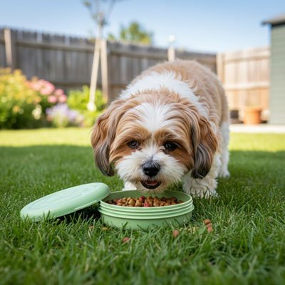 Chien en plein air qui mange dans sa gamelle portative
