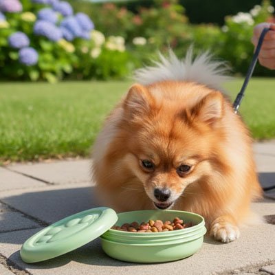Un chien qui mange dans sa gamelle avec couvercle à l'extérieur