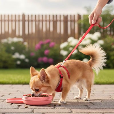 Petit chien qui mange dans sa gamelle rose