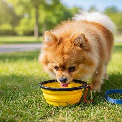 Chien petite race qui boit dans sa gamelle en silicone jaune à l'extérieur