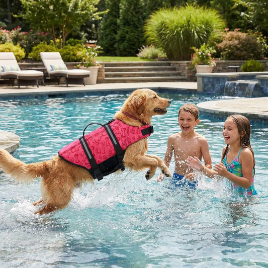 Chien portant un gilet de sauvetage DoggyAqua rose avec poignée de sauvetage pour activités nautiques