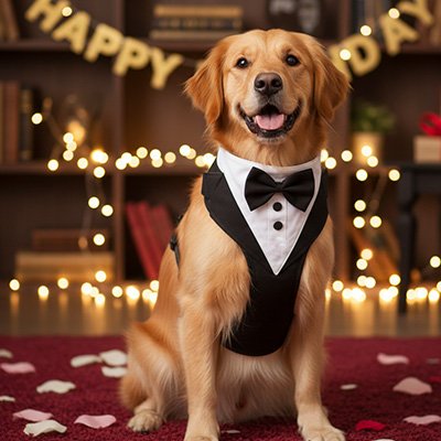 Harnais chien tuxedo avec noeud papillon à une soirée chic