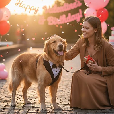 Chien Golden Retriver porte harnais tuxedo pour un anniversaire