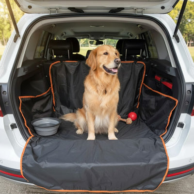 Chien Golden Retriever assis sur la housse protectrice pour voiture avec bol d'eau et jouet pour chien