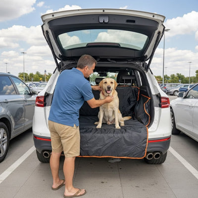 Un chien Labrador assis dans le coffre d'un SUV assis sur la housse protectrice avec son maitre