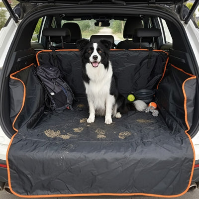 Chien avec pattes sales sur housse protectrice de voiture dans le coffre arrière