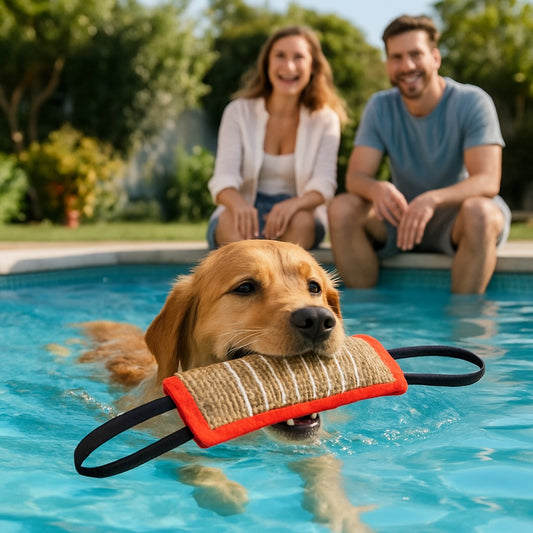 Chien Golden Retriever nage dans piscine familiale avec son jouet pour chien