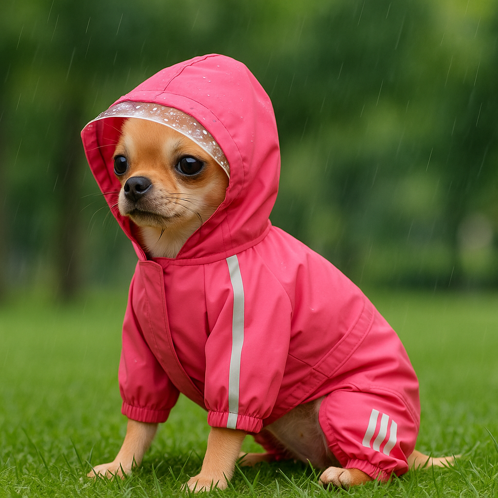 Yorkshire brun assis sous la pluie avec manteau pour chien imperméable rose 