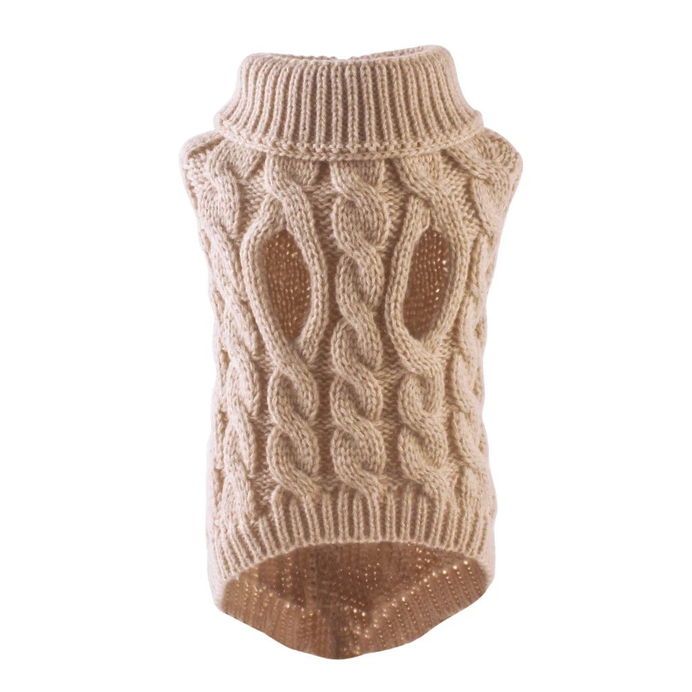 Pull pour chien en tricot torsadé col roulé couleur beige