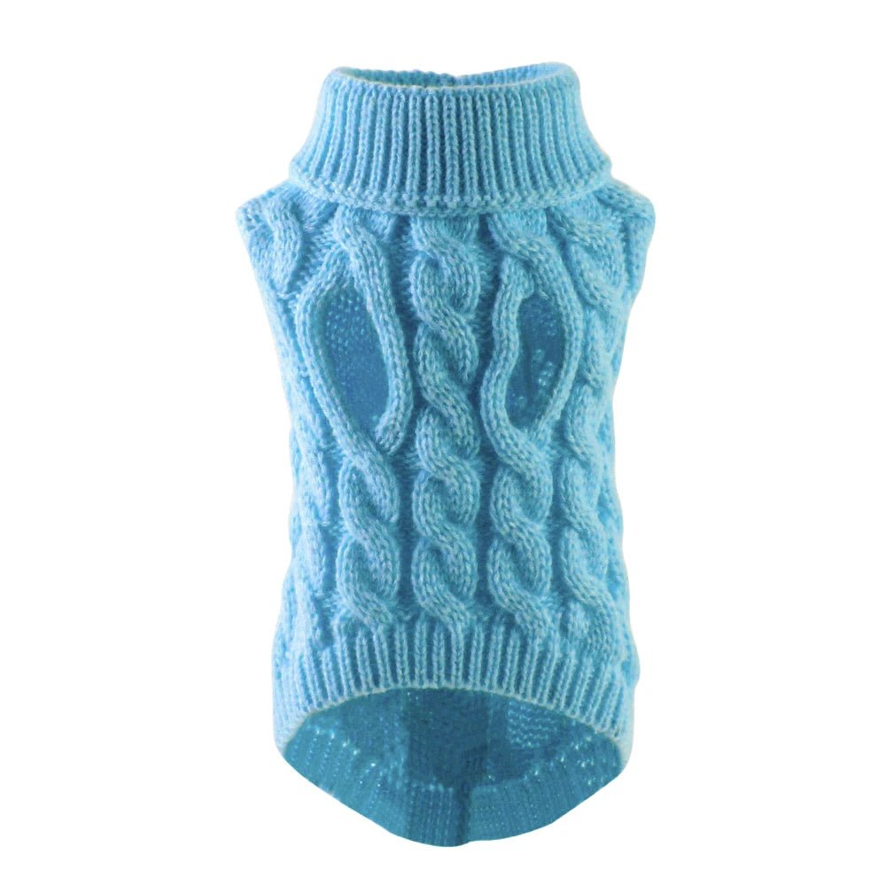 Pull pour chien en tricot torsadé col roulé couleur bleu pâle